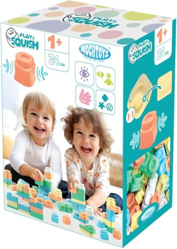 Mochtoys Bloques de construcción para niños - 24 bloques de colores, hermosos colores pastel, desarrolla habilidades motoras y sensoriales, compatible con la serie Play&Squish, juguete de construcción