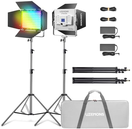 Godox LP400R LP400 Panneau LED RVB avec contrôle par Application, lumière vidéo LED 36 W, 360 ° RVB, 1800 K-10000 K, CRI 96+/TLCI 96+/14 Modes FX pour Streaming Youtube (2 pièces)