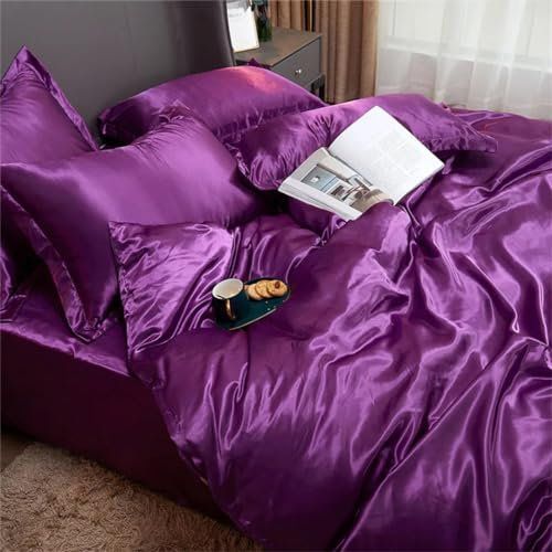 Luxuriöses Seidenstoff-Bettwäsche-Set, Violett, Queen-Size-Bett, 4-teilig, mit Spannbetttuch, Kissenbezügen, weiche und elegante Seidenbettwäsche