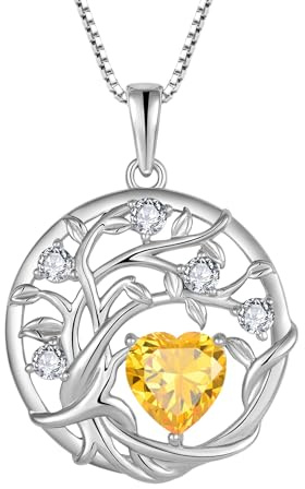 FJ livets träd kedja damer 925 sterlingsilver livets träd halsband hänge födelsesten smycken gåvor för kvinnor, Kubisk zirkon, Citrin