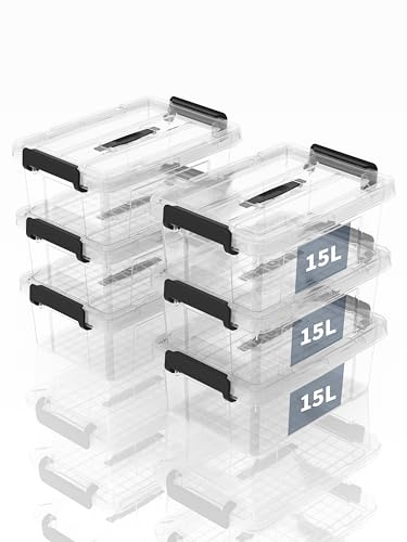 SpaceXpert Cajas de Almacenamiento de Plástico con Tapa y Asa 15L, Contenedor Apilable Resistente para Hogar, Oficina y Garaje, Fácil Transporte, Transparente Polipropileno, 15L (Paquete de 6)