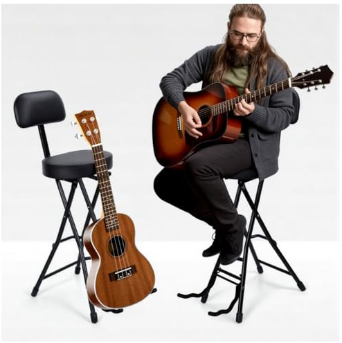toilmua Collapsible Guitar Stool with Backrest, Thick Padded Cushion Piano Stool Guitar Seat Drum Seat Faux Leather Musician Chair with Removable Ergonomic Backrest for Adults Kids Drummer Black
