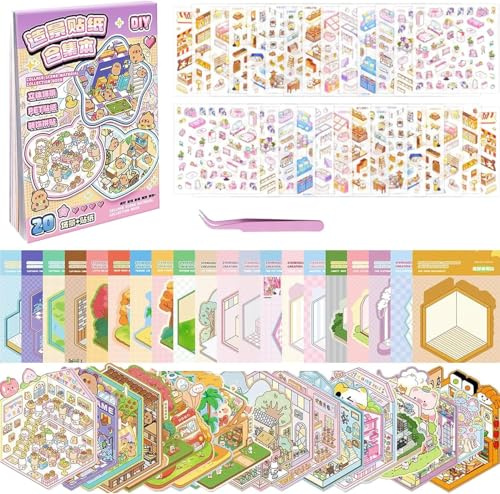 Kunoli 20 Sets DIY 3D House Stickers Scene Kit, Sticker Therapy, Stress Relief Creative Scene Sticker Book with 26 PET Stickers, 20 Miniature Cabins, 1 Tweezer, Gift for Adults Kids Girls Boys Teens