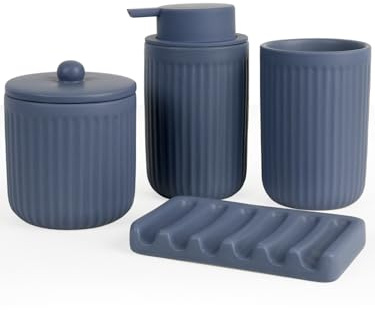 Autumnlife Lot de 4 accessoires de salle de bain en céramique - Bleu - Distributeur de savon de 350 ml - Gobelet à brosse à dents - Porte-savon et cotons-tiges - Accessoires de salle de bain