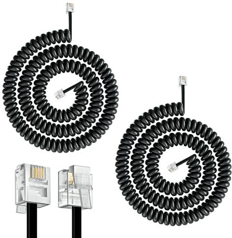 BosuLai Cavo Telefonico Spirale (Confezione da 2), Cavo telefonico, RJ9 (4P4C), Con Cavo Telefonico Cornetta Telefono Fisso, Lunghezza a Spirale RJ9 da 3 a 10 piedi nero