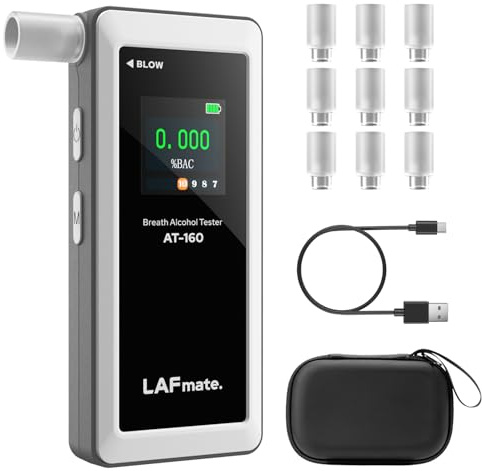 LAFMATE Etilometro AT-160, Alcolometro ad Alta Precisione con Impostazioni della Soglia di Allarme, Alcol Tester con Display Digitale LCD, Archiviazione Dati, 10 Bocchini - per Uso Domestico