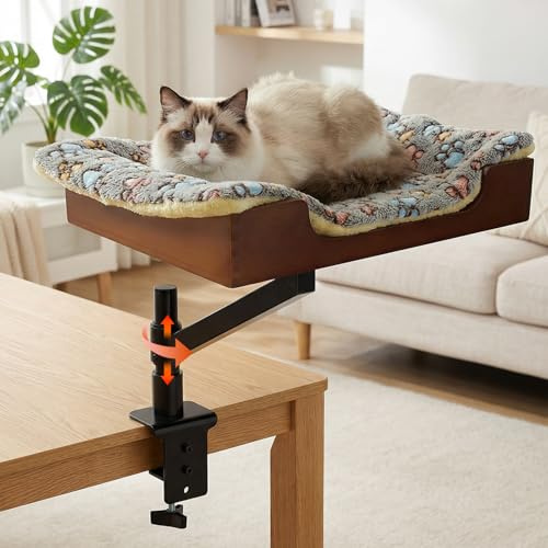 Hivexagon Kattbädd med elegant bambubas, levereras med plyschsängkläder, stabil och robust klämma, kan justeras höjden 360 grader, rotation upp till 15 kg belastning (Brun matta)