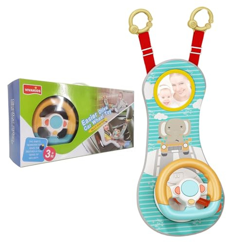 Joygoodta Rear Facing Car Seat Toys, 360° Rotation Baby Steering Wheel Toy with Mirror, Music, Lights and Driving Sounds, for 12 Months+ Kids