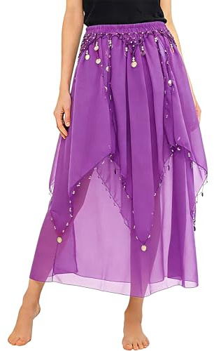 Baisdan Belly Dance Skirt with Gold Coins Chiffon Dance Skirt Belly Dance Halloween Rave Outfit