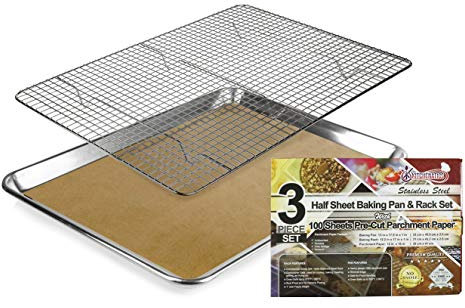 KITCHENATICS Teglia Da Forno Resistente Con Griglia e Carta Da Forno Da 100 Pezzi, Teglia Per Biscotti Con Griglia Di Raffreddamento, 1/2 Teglia e Set Di Griglie Con Carta Da Forno, 33,3 x 45,5 CM