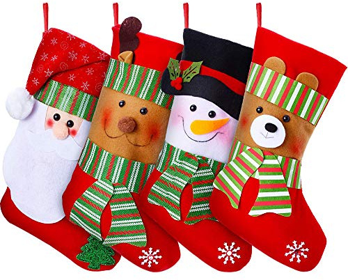 Lvydec 4 Pack Christmas Stockings, 15 Large Size Xmas Stocking Set with Christmas Snowman Santa Reindeer Bear Fireplace Decoration Gift & Candy Pouch Bag Ornaments