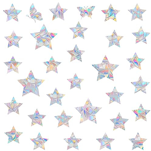 36 Pieces Star Window Decals for Bird Strike Prevention - Reusable Rainbow Suncatcher Clings to Save Birds, Non-Adhesive Anti-Collision Stickers, Easy Remove No Residue