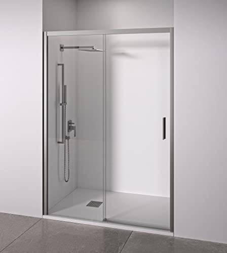 Mampara de ducha frontal 1 corredera + 1 fijo - sin perfilería inferior - Cristal transparente templado 6mm antical - Plata Brillo - Ancho adaptable 160 a 165cm - Posición puerta derecha - Alto 195cm