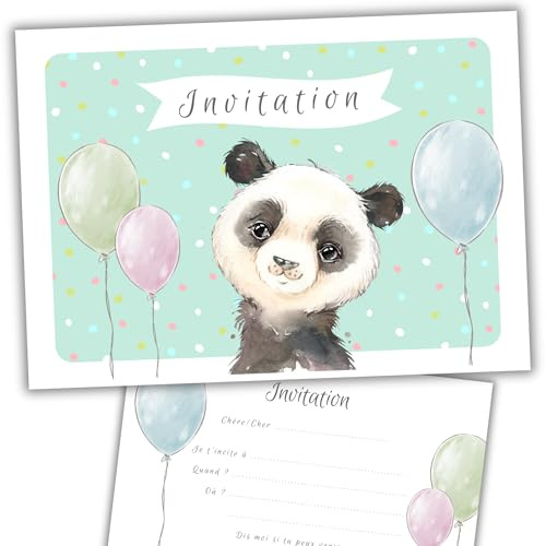 Naïris bijoux Lot de 8 cartes d'invitation anniversaire enfant - Garçon - Animaux - Panda en Peinture Aquarelle