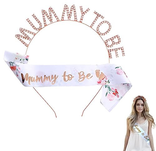 Mummy to Be Sash, Rhinestone Tiara Crown Headband and Badge Party Decoration Party Supplies Maternity Favour Gifts Baby Shower Gifts (A Set of Hair Bands and Shoulder Straps)