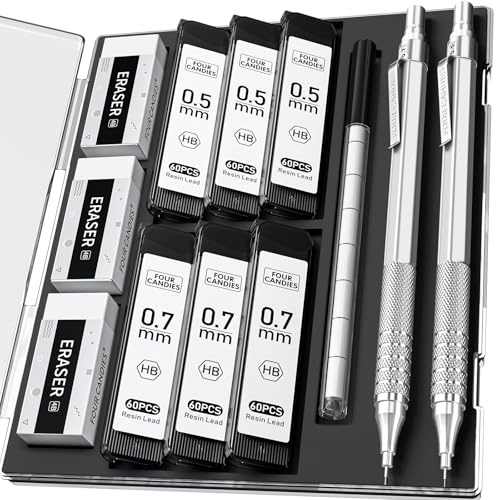 Four Candies Set di 2 portamine Sliver in metallo con mina da 0,5 mm e 0,7 mm, set di portamine con astuccio, matite con 360 pezzi HB, 3 gomme, 9 gomme per scrittura artistica