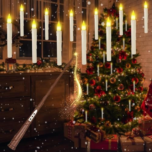 SLVCREK Schwebende Kerzen mit Zauberstab, 12PC LED Kerzen Flackernde Flamme mit Fernbedienung, LED Kerzen Magic Wand für Haus, Kirche, Party, Weihnachten Dekoration