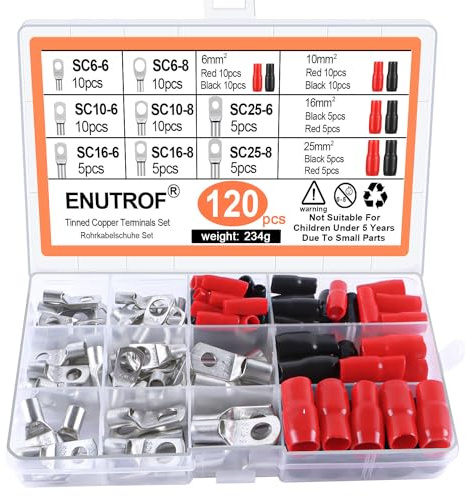 Rörkabelskor, ringkabelsko, set, 120 st 25 mm² 16 mm² 10 mm² 6 mm², kabelskor, set med krympslang för bil, motorcykel, båtar