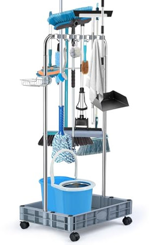 Organizador de escobas, armario de almacenamiento movible, estante para fregonas, carrito de herramientas de limpieza para jardín, garaje, escuelas, hoteles, hospitales, fábricas, empresas