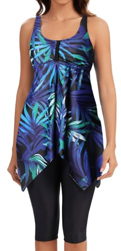 ECUPPER Women Plus Size Tankini Swimsuits Two Piece Swim Dress Modest Skirted Bathing Suit Flowy Swim Top with Capris Shorts Green Leaf M