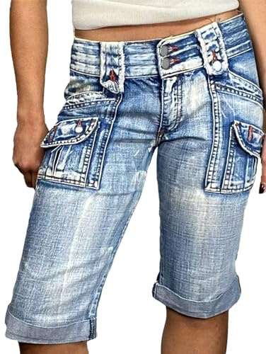 Flamingals Women's Capri Cargo Jeans Mid Waisted Stretchy Summer Skinny Wash Flap Pocket Denim Pants Mid Blue S
