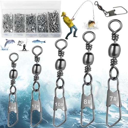 Liekadijiae 151 Pezzi Girelle Canna da Pesca, Girella per la Pesca a Botte, Girelle a Scatto in Acciaio Inossidabile Clip da Pesca, Girella da Pesca in Acciaio Inox con Moschettone(7# 8# 10# 12# 14#)