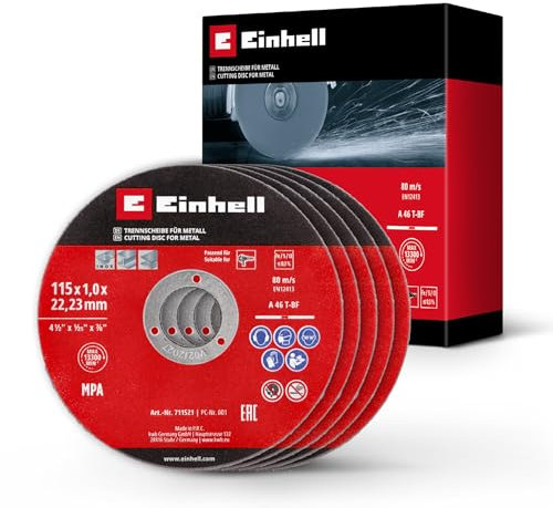 Original Einhell set de 5 disques à tronçonner minces pour le métal, Ø 115 mm (épaisseur 1 mm, certifié MPA, grande longévité, coupes précises et sans bavures, pour meuleuses d'angle)