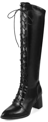 smlekwc Mujer Cordones Botas Largas con Cremallera Lateral Punta Puntiaguda Botas De Caballero De Cuero Tacón De Bloque Botas Altas hasta La Rodilla,Negro,38 EU