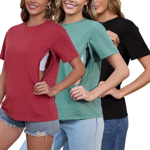 Love2Mi 3er/4er Set Stillshirt mit verstecktem Reißverschluss Stillöffnung kurzen Umstandstop Stillen T-Shirt für Schwangere