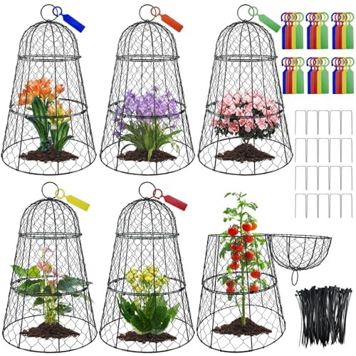 Lot de 6 housses de protection en fil de fer pour plantes, 45 cm x 29 cm, antirouille et robuste, avec piquets et étiquettes, cloches de jardin modulaires pour semis, fleurs, légumes, protéger des