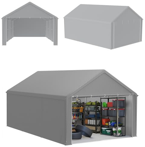 ACXIN Tenda portaoggetti robusta, posto auto coperto, impermeabile, telaio in acciaio e telone in polietilene (grigio, 4 m x 6 m)