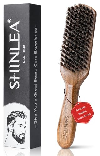 Boar Bristle Hair Brush for Men, Beard Brush with Wooden Handle for Beards Mustaches Grooming, and Soften Facial Hair, Slick Back Hair Brush for Thick & Fine Hair, Great Gift