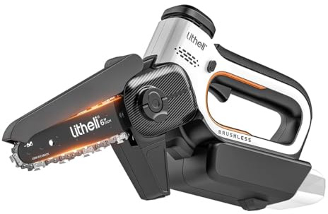 Litheli Mini Motosierra Batería para Poda, Motosierra Eléctrica Brushless de 15 cm con Lubricación Automática, Motosierra de Mano con Diseño de Seguridad para Corte de Madera y Jardín (Sin Batería)