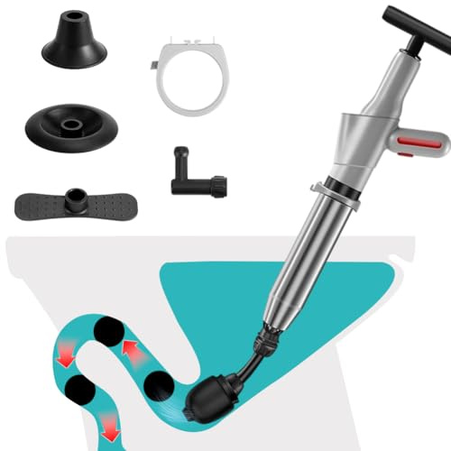 Rohrreiniger Druckluft, Hochdruck Abflussreiniger Pumpe mit Luftdruckanzeige, Pressluft Rohrreiniger mit 4 Saugnäpfen für Waschbecken, Toiletten, Badezimmer, Dusche, Küche, Grau