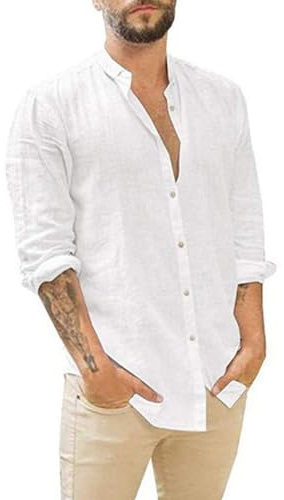 Hommes Chemise Lin Coton Manches Longues Coupe Regular Casual Chemise de Plage Regular Fit Chemises L'été Chemise Lin Homme à Manches Longues d'Été en Coton Légers Plages Boutons Uni Couleur