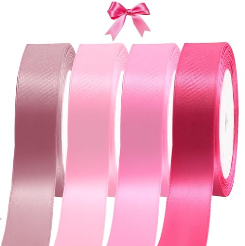 Ruban Rose 4 Couleurs 25 mm x 22 m Pour Mballage Cadeau, Rubans en Polyester Pour Bouquets,Ballons, Nœuds, Gâteaux, Rouleau de Ruban Satin Pour Décoration de Mariage/Mnniversaire/Noël/Fête
