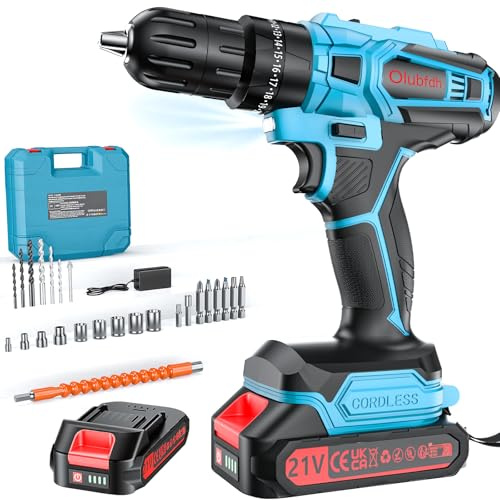 Olubfdh Taladro Percutor a Bateria 21V, Taladro Atornillador Bateria con 1×2000mAh Baterías, 45 Nm, 25+3 Ajuste Par (2 Velocidad y LED) Drill Adecuado para bricolaje en casa y jardín (Azul)