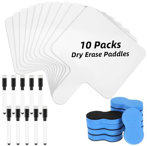 IMengjbang 10 Packs Dry Erase Boards with Handle, 8x10 Double Sided Answer Paddle White Boards with 10 Markers and Erasers Small Dry Erase Whiteboard for Home Classroom Office Writing Board