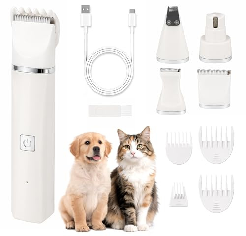Cortapelos mascotas 4 en 1 USB C con 4 cabezales para perro y gato | Equipo silencioso con cabezal corporal precisión patas y lima de uñas unos 45 dB autonomía 50 minutos potencia 5 W