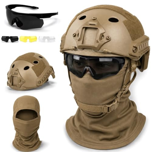 LZAQHMT Ensemble 3 en 1 Casque Tactique avec Lunettes À 3 Verres, Cagoule, Tour De Tête Ajustable De 52 À 64 Cm pour Airsoft Et Paintball(Brown)