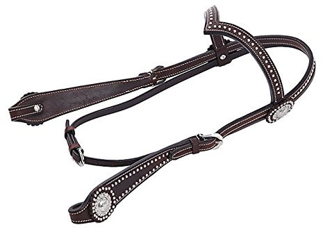 Thor Equine Kopfstück Allan Westerntrense V‑Shaped Stirnriemen Conchos & Dots Leder Dunkelbraun Cob verstellbar