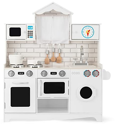 DREAMADE Cuisine Enfant avec Cuisinière et Machine à Laver, Cuisine en Bois avec Évier, Micro-Ondes et Four, Jeu de Simulation de Cuisine, Cadeau Éducatif pour Garçons et Filles, Blanc