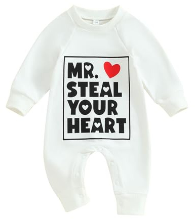 Carolilly Newborn Baby Boys Valentine's Day Sweatshirts Rompers with Heart and Letters Printed, Long Sleeve Crew Neck Jumpsuits Clothes (0-18 Months) (White, 3-6 Months)