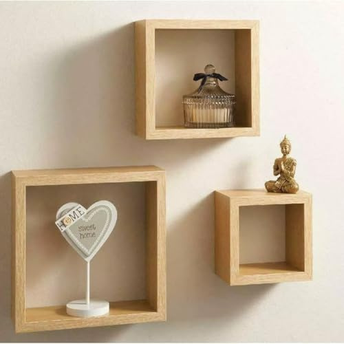Kiswa collection Set of 3 Wooden Floating Cube Shelves – Wall-Mounted Square Box Storage Decoration Display for Bedrooms, Kitchen, Living Room, office (Oak, Set of 3)
