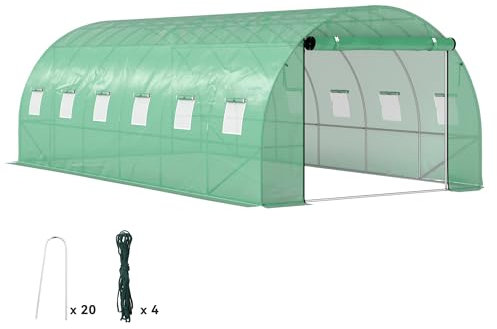 Outsunny Gewächshaus 300x600x200cm Foliengewächshaus Tomatenhaus mit Tür, 12 Fenster, Folientunnel aus verzinktem Stahl, 170g/m² PE, stabiles pflanztunnel, Treibhaus inkl. Erdanker & Seilen, Grün