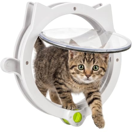 Cat Flap with 4-Way Locking - Interior & Exterior Pet Flap for Cats and Small Dogs Wall & Door Mount, Unique Cat-Shaped Design Positioning template with opening Interior White 26 x 31 x 5,66 CM