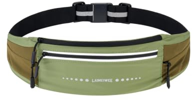 LAIMEIWEE Löpbälte, lätt vattenavvisande midjebälte med 4 fack, reflekterande ränder, justerbart höftbälte för träning, jogging, vandring, resor, Grön, Lätt halkfritt löpbälte med reflektorer och