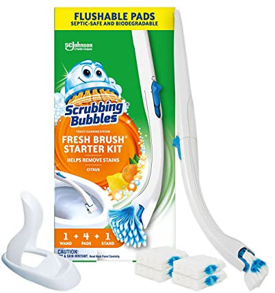 Scrubbing Bubbles Fresh Brush Kit de démarrage pour système de nettoyage de cuvette de toilette, nettoyant anti-taches, parfum action agrumes, 1 baguette de toilette + 4 recharges + 1 support