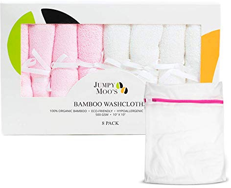 JM Bamboo Washcloths - 100% Bamboo, Ultra Thick 500gsm, 10x10 Inches, Baby Face Cloth, Flannels Face Cloth Pack 8, Gentle on Delicate Skin, Guards Against Irritations, Giftbox & Laundry Bag