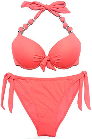 EONAR Bikini Mujer Push-Up con Aros - Sujetador Extraíble Acolchado, Tirantes Ajustables y Escote Acentuado - Trajes de Baño(M,Living Coral)